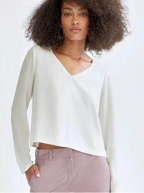Aritzia White V-Neck Long-Sleeve Blouse
